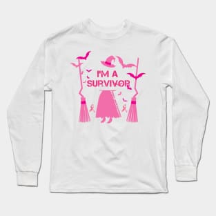 Womens I'm A Survivor Witch Halloween Breast Cancer Awareness Long Sleeve T-Shirt